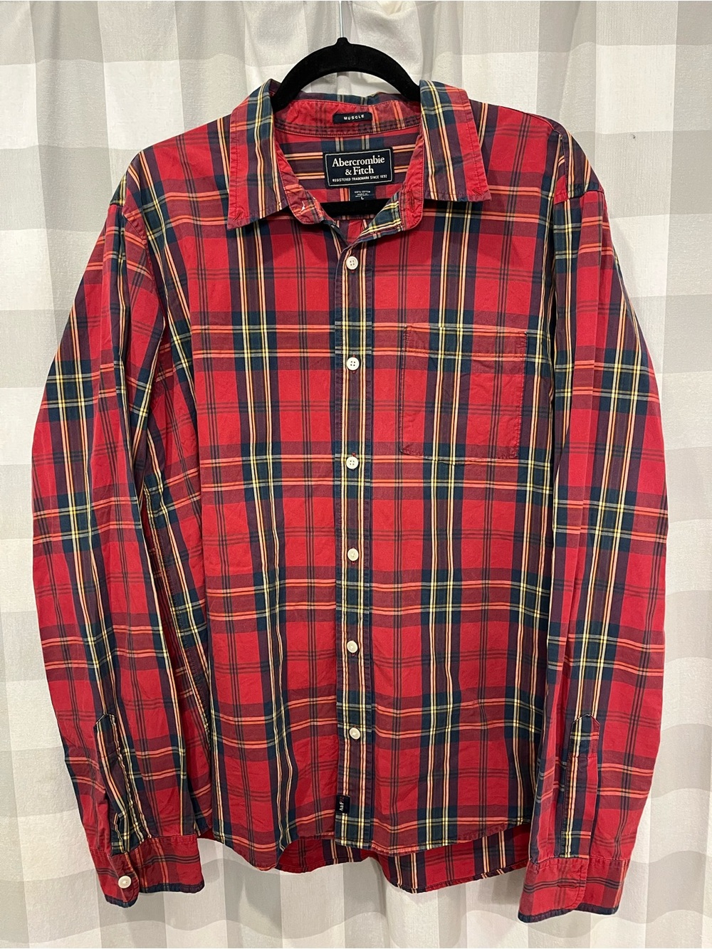 Abercrombie & Fitch Red and Navy Plaid Button-Down Shirt